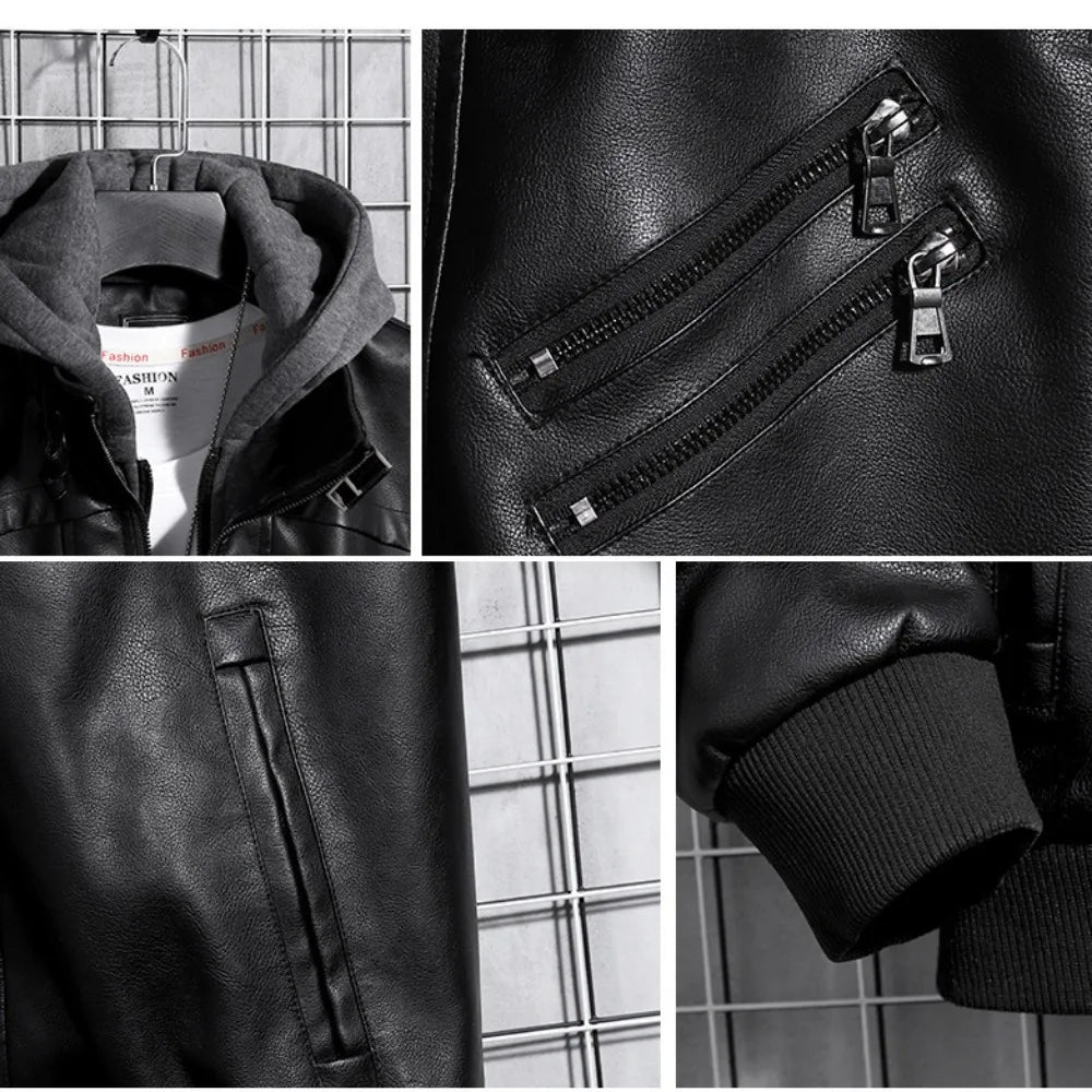 Men's Hooded Leather Jacket - Winter PU Leather Motorcycle Coat