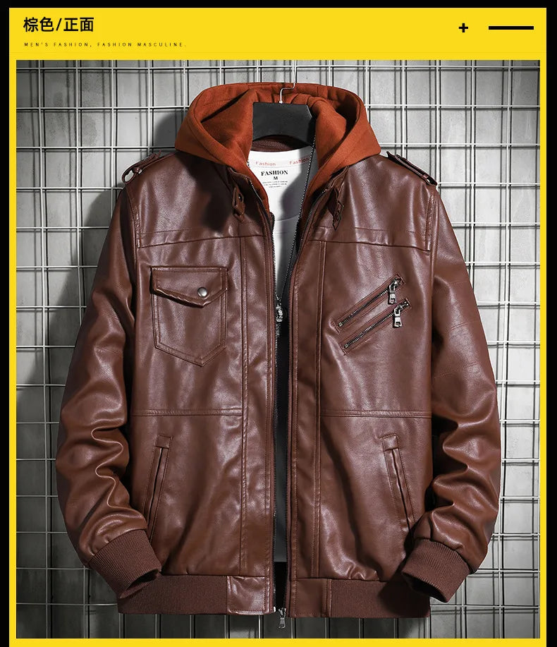 Men's Hooded Leather Jacket - Winter PU Leather Motorcycle Coat