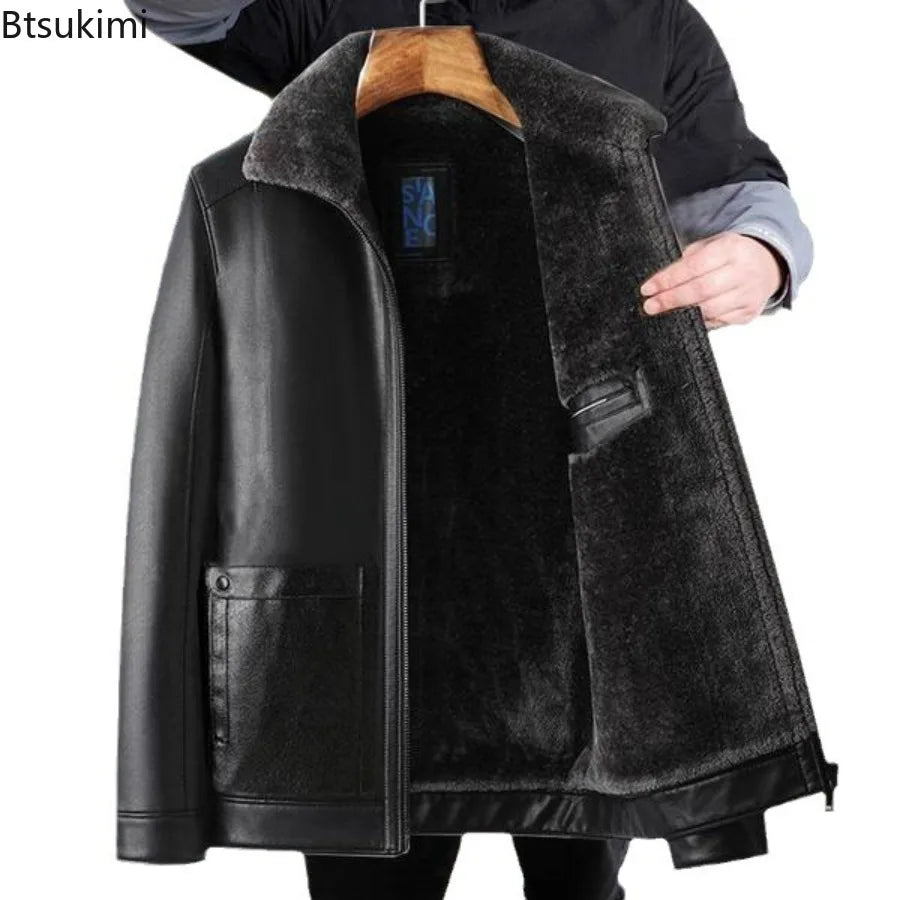 Men's Fleece-Lined Leather Motorcycle Jacket - Winter Warm Coat