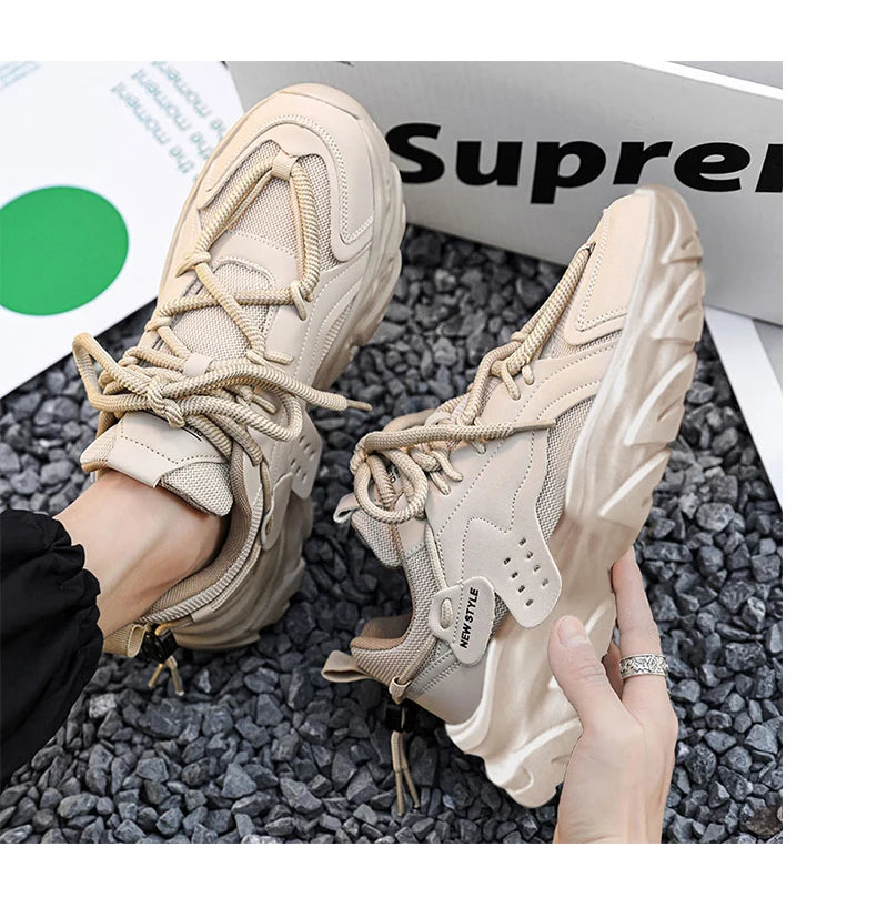 Men's Breathable Thick-Soled Casual Sneakers - Khaki Leather