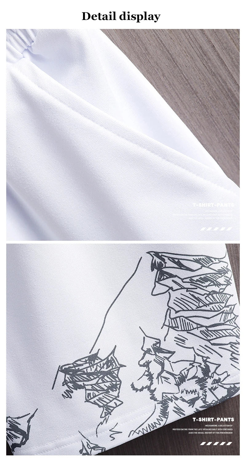 Men's Casual Sport Ice Silk Suit Printed Sweatshirt and Sweatpants