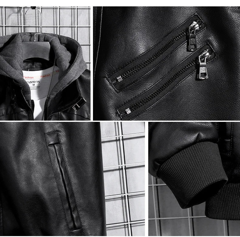 Men's Hooded Leather Jacket - Winter PU Leather Motorcycle Coat