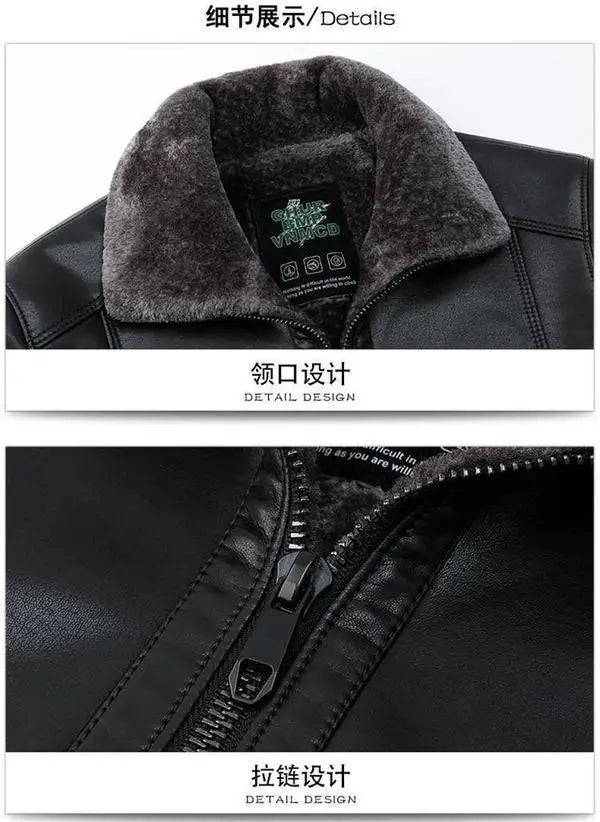 Men's Fleece-Lined Leather Motorcycle Jacket - Winter Warm Coat