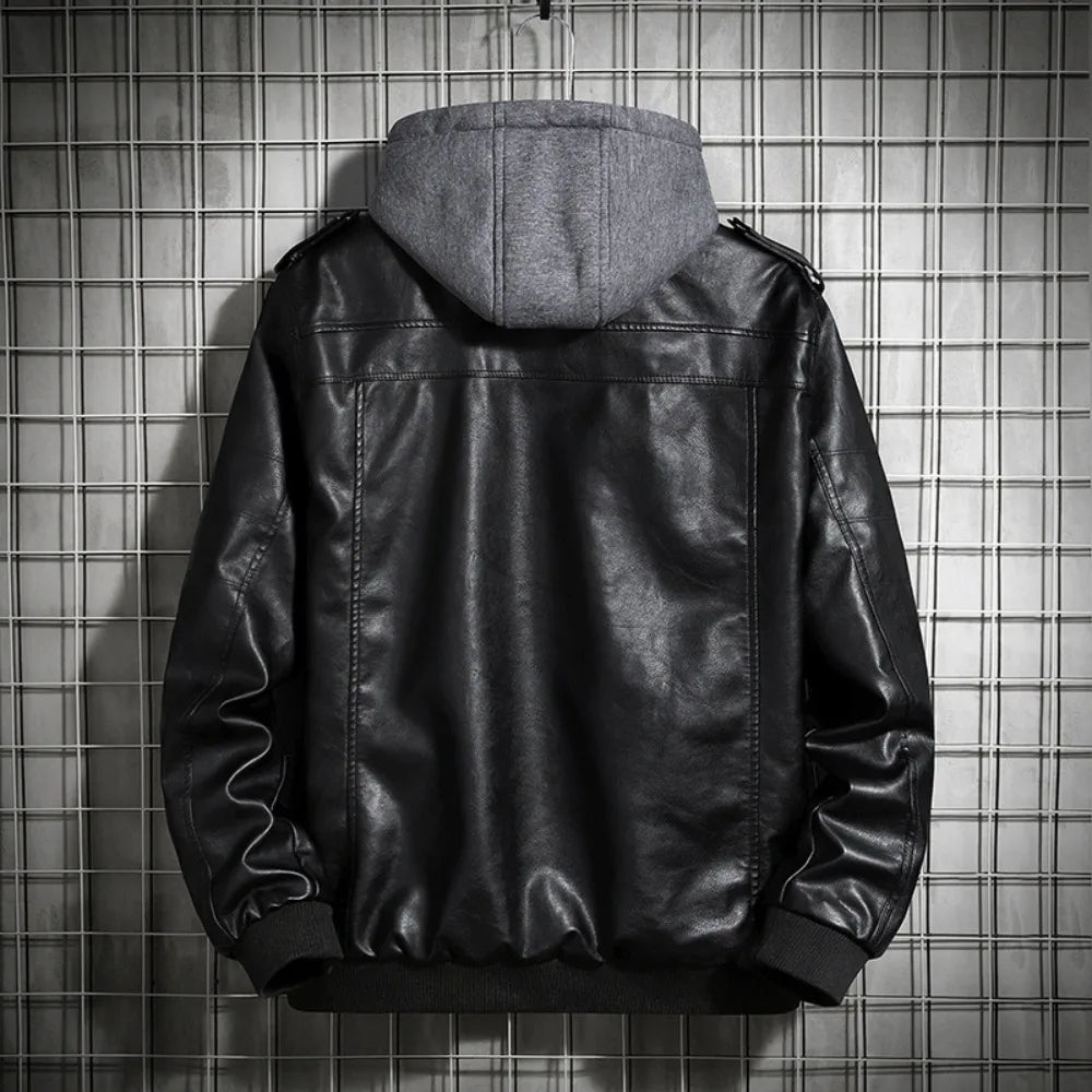 Men's Hooded Leather Jacket - Winter PU Leather Motorcycle Coat