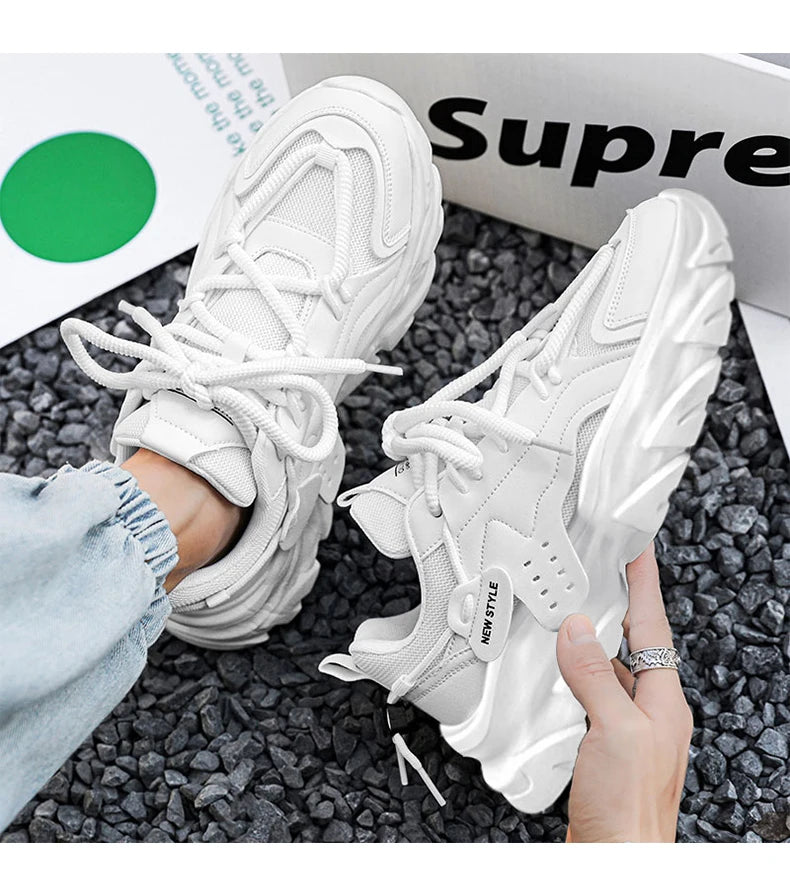 Men's Breathable Thick-Soled Casual Sneakers - Khaki Leather