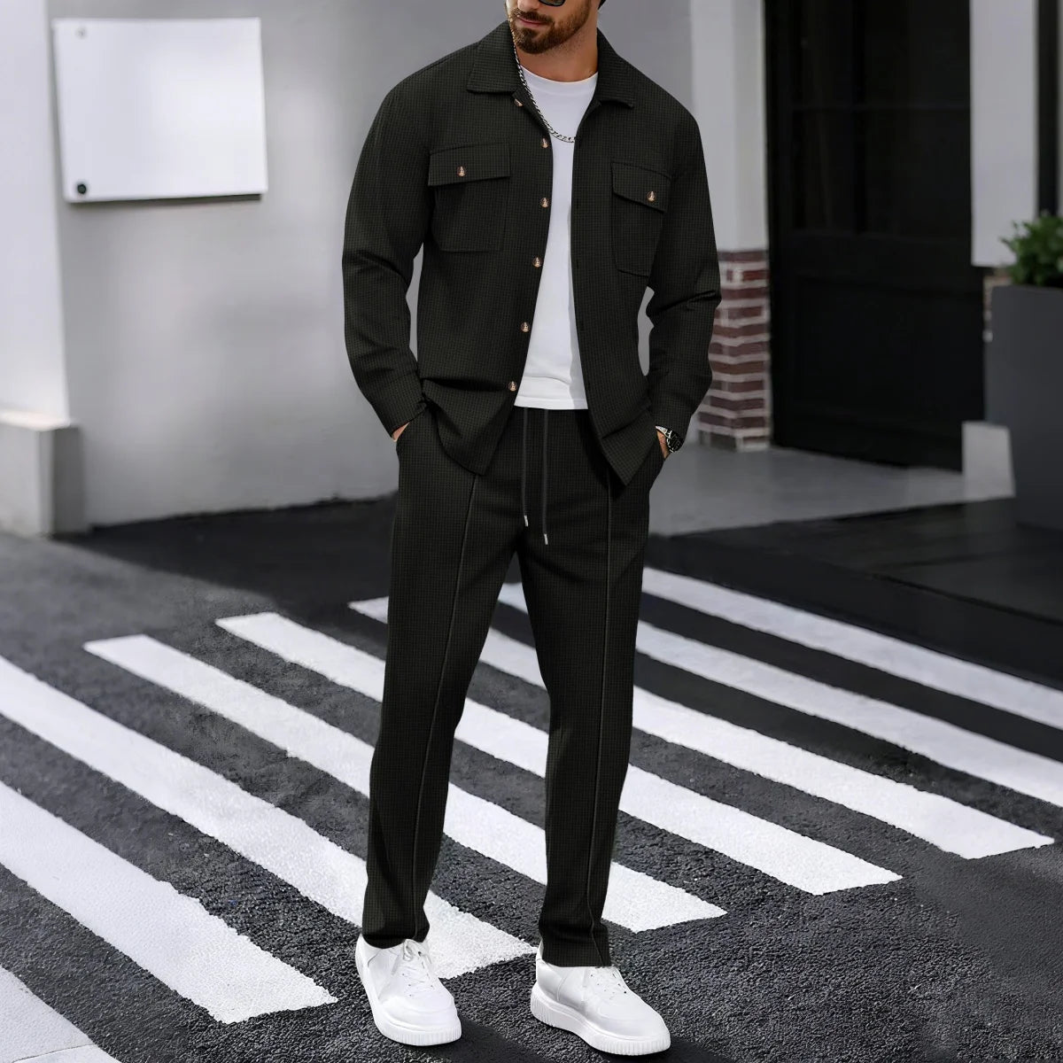 Two-Piece Casual Suit Street Style Solid Color Loose-Padded Long-Sleeved