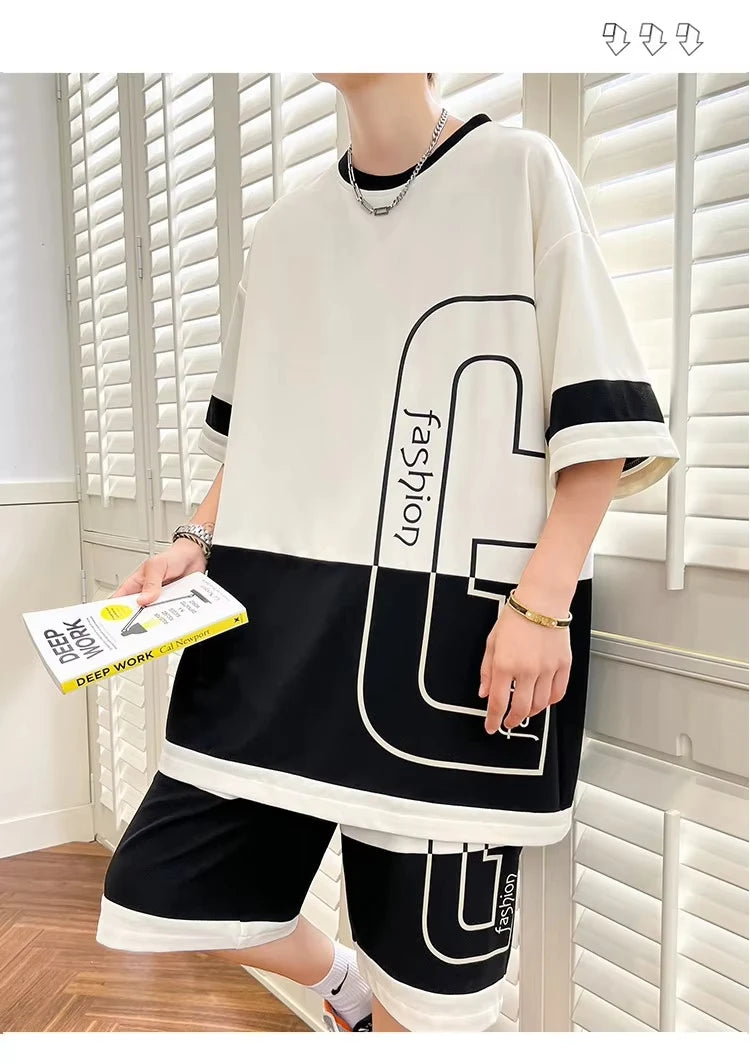 Summer Men's New Youth Leisure Sports Set, Men's Loose Short sleeved Shorts, Trendy Two piece Set, Lightweight and Transparent S