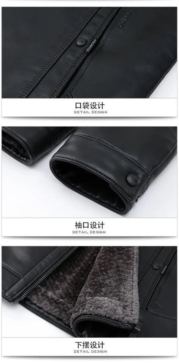 Men's Fleece-Lined Leather Motorcycle Jacket - Winter Warm Coat