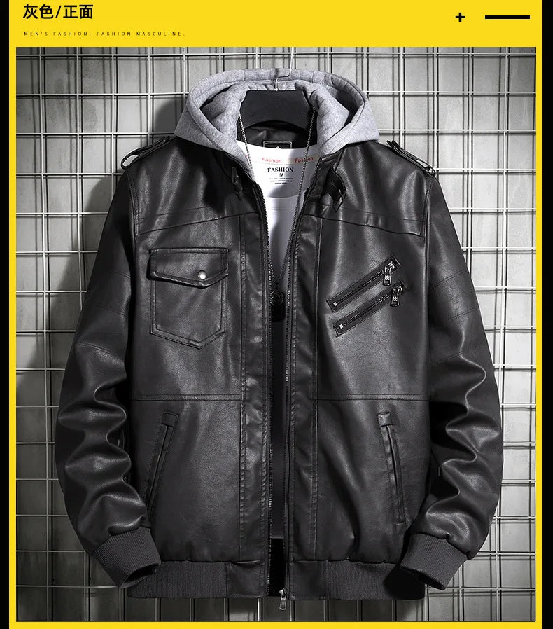 Men's Hooded Leather Jacket - Winter PU Leather Motorcycle Coat