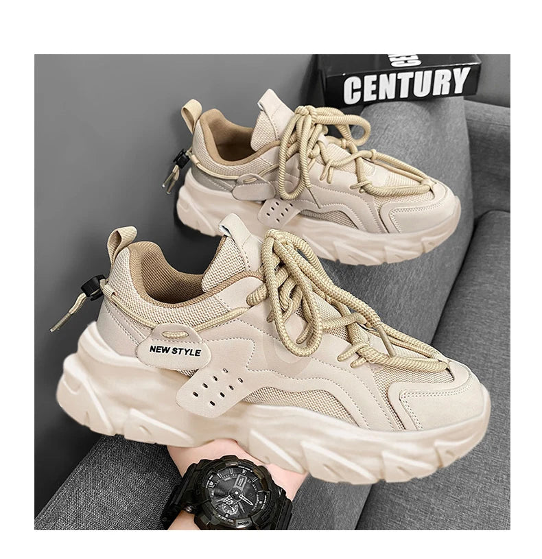 Men's Breathable Thick-Soled Casual Sneakers - Khaki Leather
