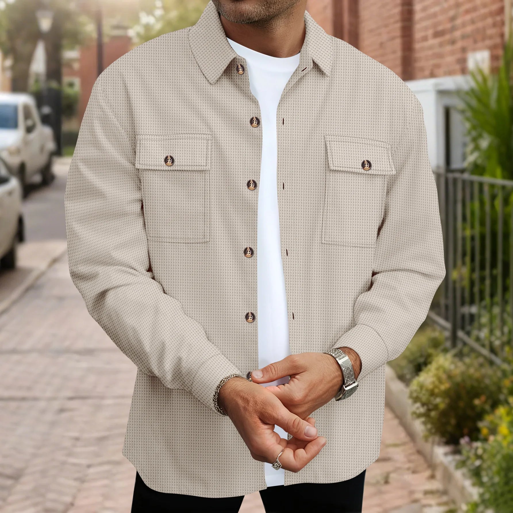 2026 Men's New Spring- Autumn Solid Color Waffle Jacket with Double Pockets and Collar, Long-Sleeved Shirt Tops