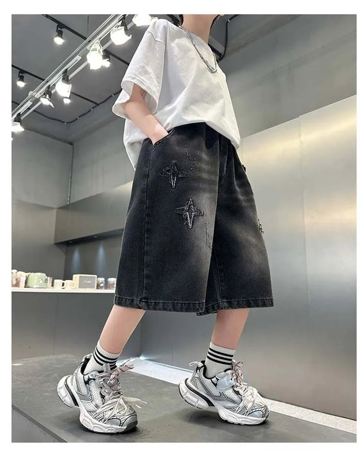 Boys Star Pattern Denim Shorts - Summer Casual Jeans