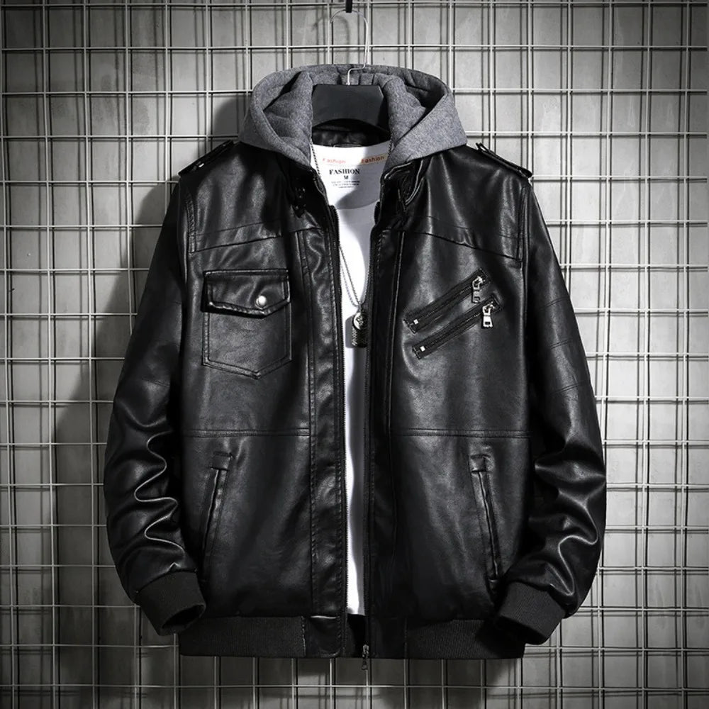 Men's Hooded Leather Jacket - Winter PU Leather Motorcycle Coat