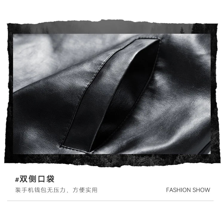 Men's PU Leather Motorcycle Jacket - Winter Windbreaker Coat