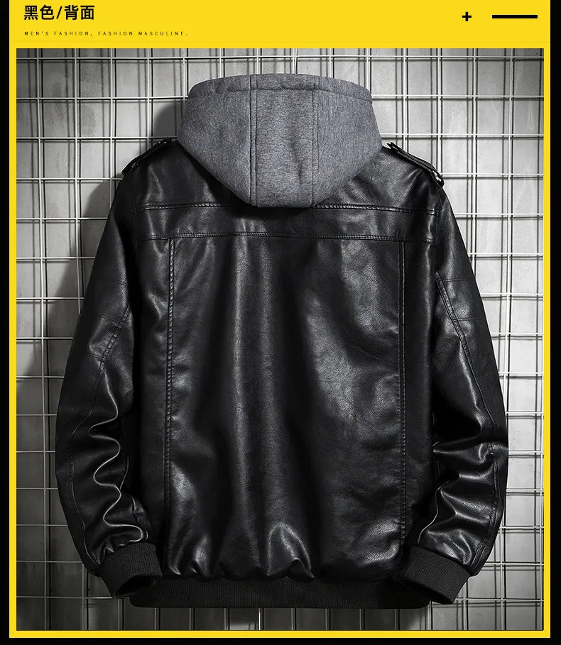 Men's Hooded Leather Jacket - Winter PU Leather Motorcycle Coat