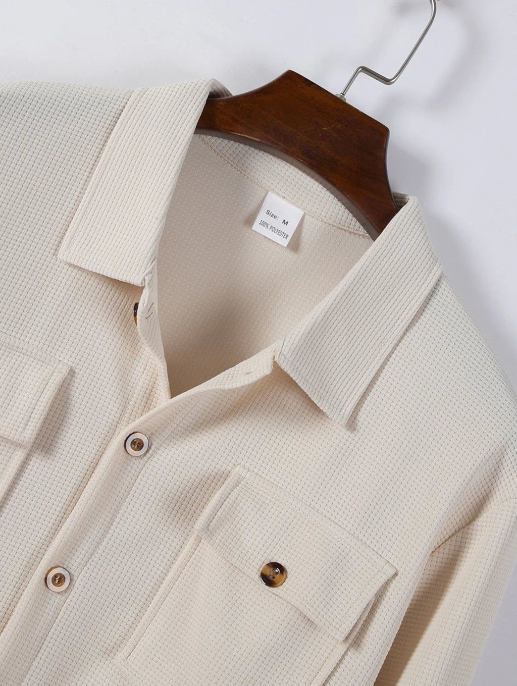 2026 Men's New Spring- Autumn Solid Color Waffle Jacket with Double Pockets and Collar, Long-Sleeved Shirt Tops