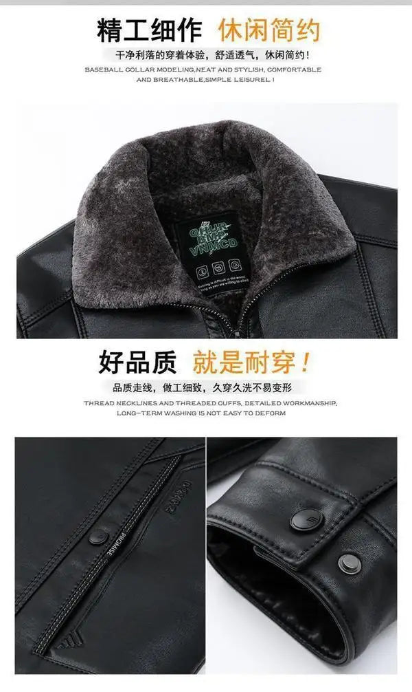 Men's Fleece-Lined Leather Motorcycle Jacket - Winter Warm Coat