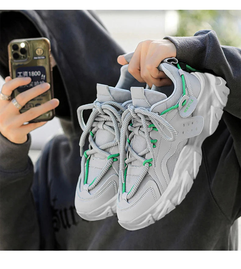 Men's Breathable Thick-Soled Casual Sneakers - Khaki Leather