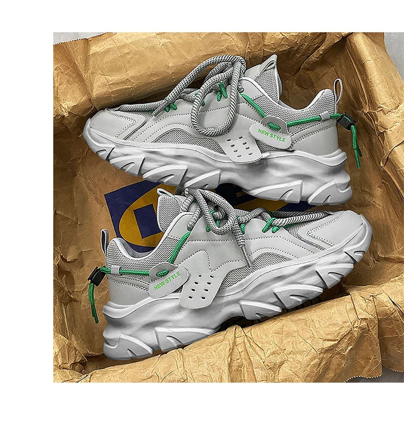 Men's Breathable Thick-Soled Casual Sneakers - Khaki Leather