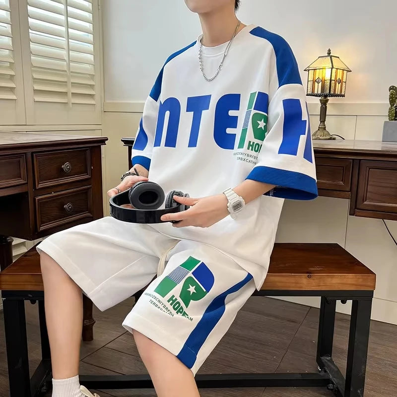 Summer Men's New Youth Leisure Sports Set, Men's Loose Short sleeved Shorts, Trendy Two piece Set, Lightweight and Transparent S