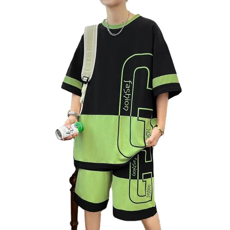 Summer Men's New Youth Leisure Sports Set, Men's Loose Short sleeved Shorts, Trendy Two piece Set, Lightweight and Transparent S