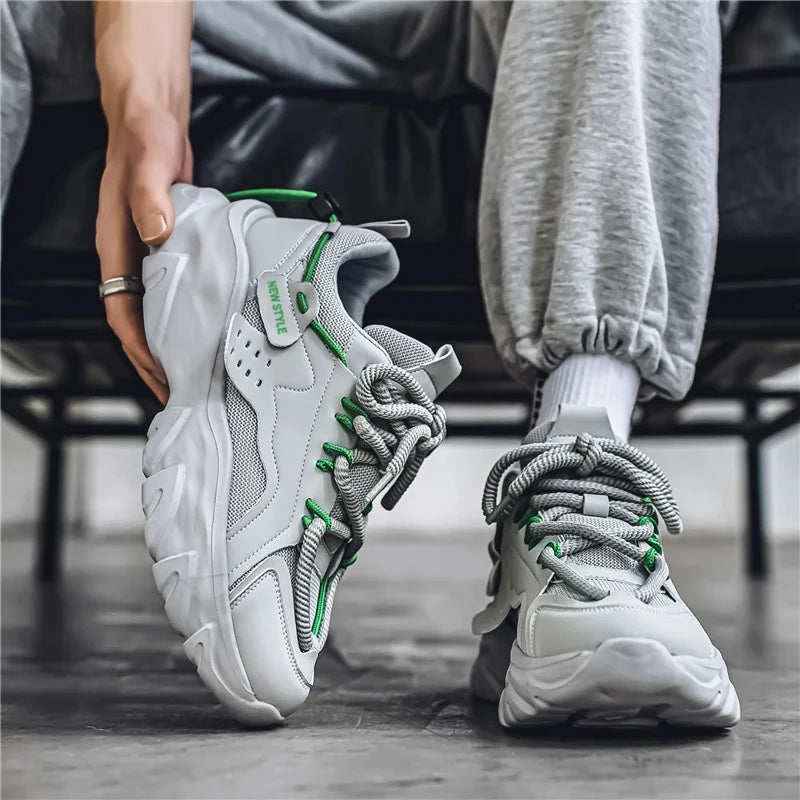 Men's Breathable Thick-Soled Casual Sneakers - Khaki Leather