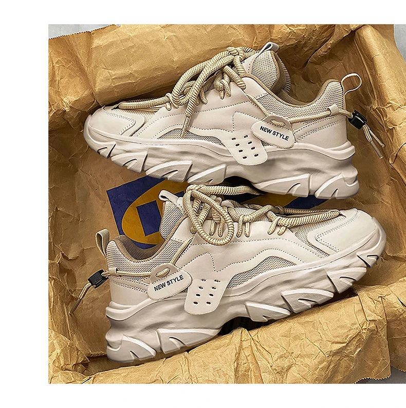 Men's Breathable Thick-Soled Casual Sneakers - Khaki Leather