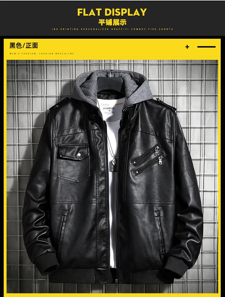 Men's Hooded Leather Jacket - Winter PU Leather Motorcycle Coat