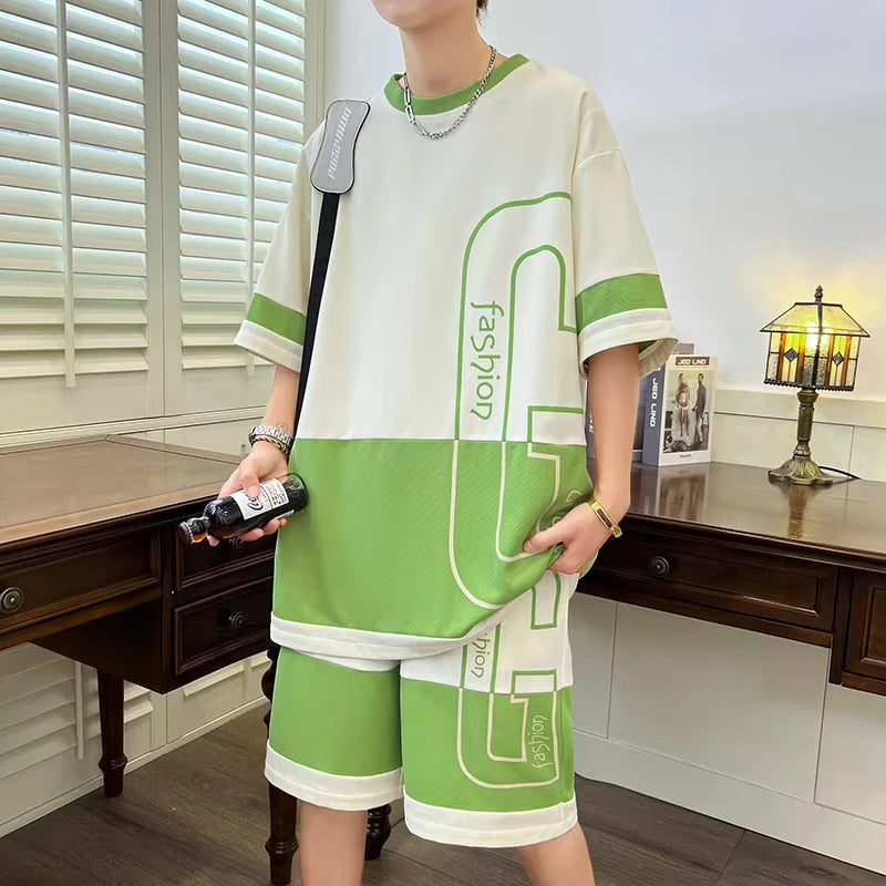Summer Men's New Youth Leisure Sports Set, Men's Loose Short sleeved Shorts, Trendy Two piece Set, Lightweight and Transparent S