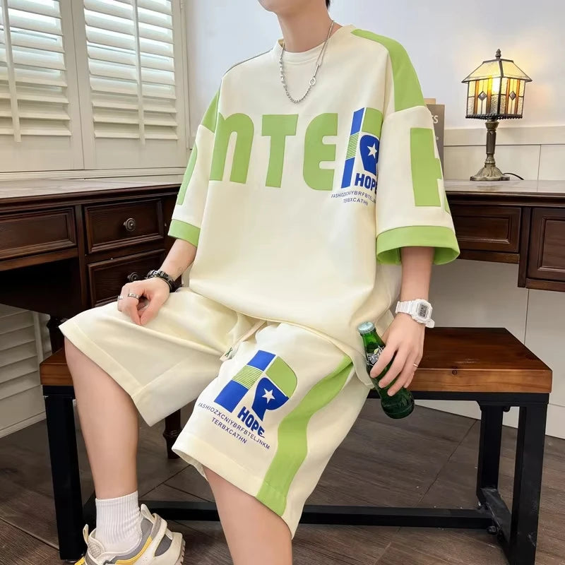 Summer Men's New Youth Leisure Sports Set, Men's Loose Short sleeved Shorts, Trendy Two piece Set, Lightweight and Transparent S