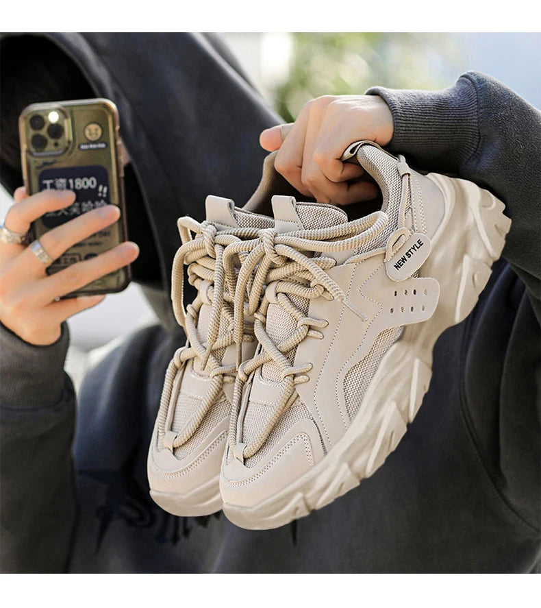 Men's Breathable Thick-Soled Casual Sneakers - Khaki Leather