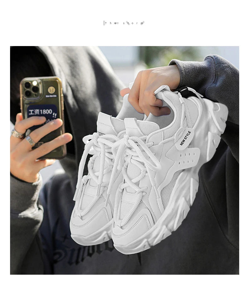 Men's Breathable Thick-Soled Casual Sneakers - Khaki Leather