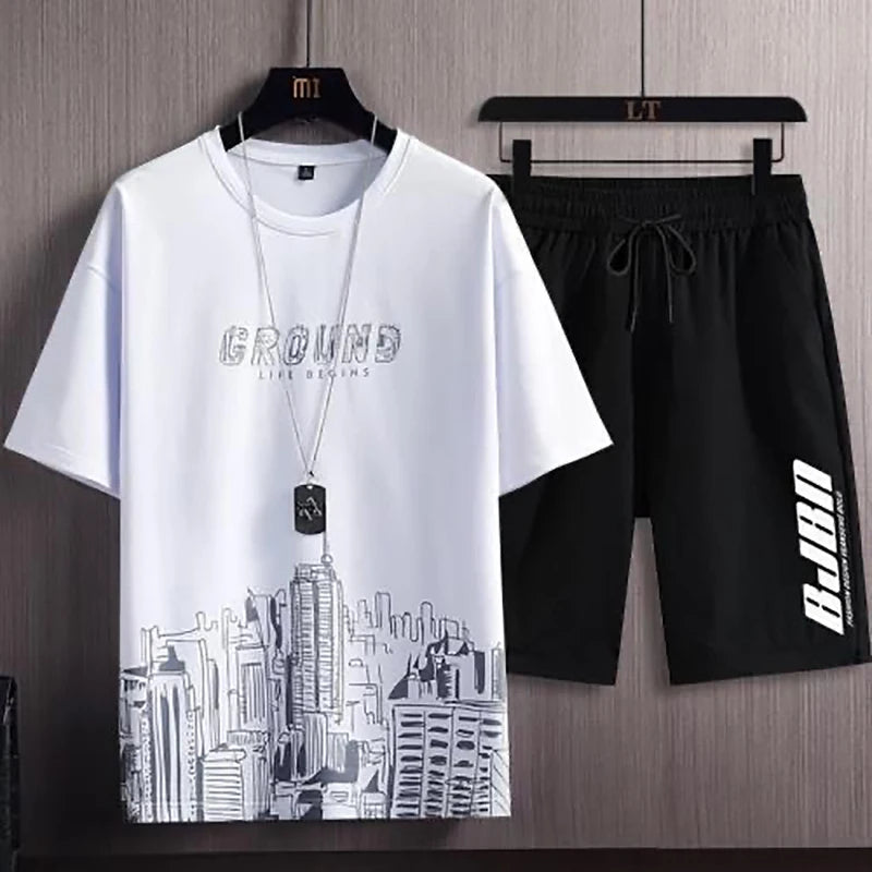 Men's Casual Sport Ice Silk Suit Printed Sweatshirt and Sweatpants
