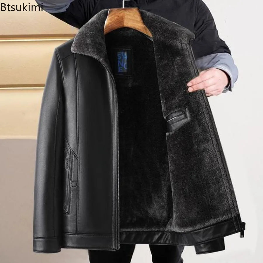 Men's Fleece-Lined Leather Motorcycle Jacket - Winter Warm Coat
